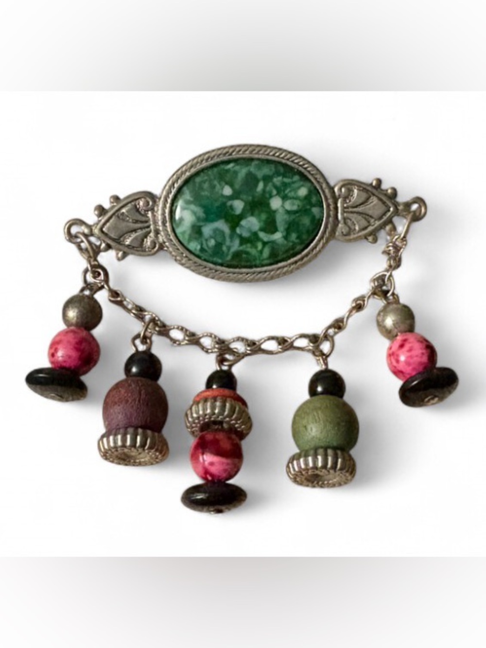 Vintage 80s Boho Dangle Charm Brooch Pin Wood Stone Beads